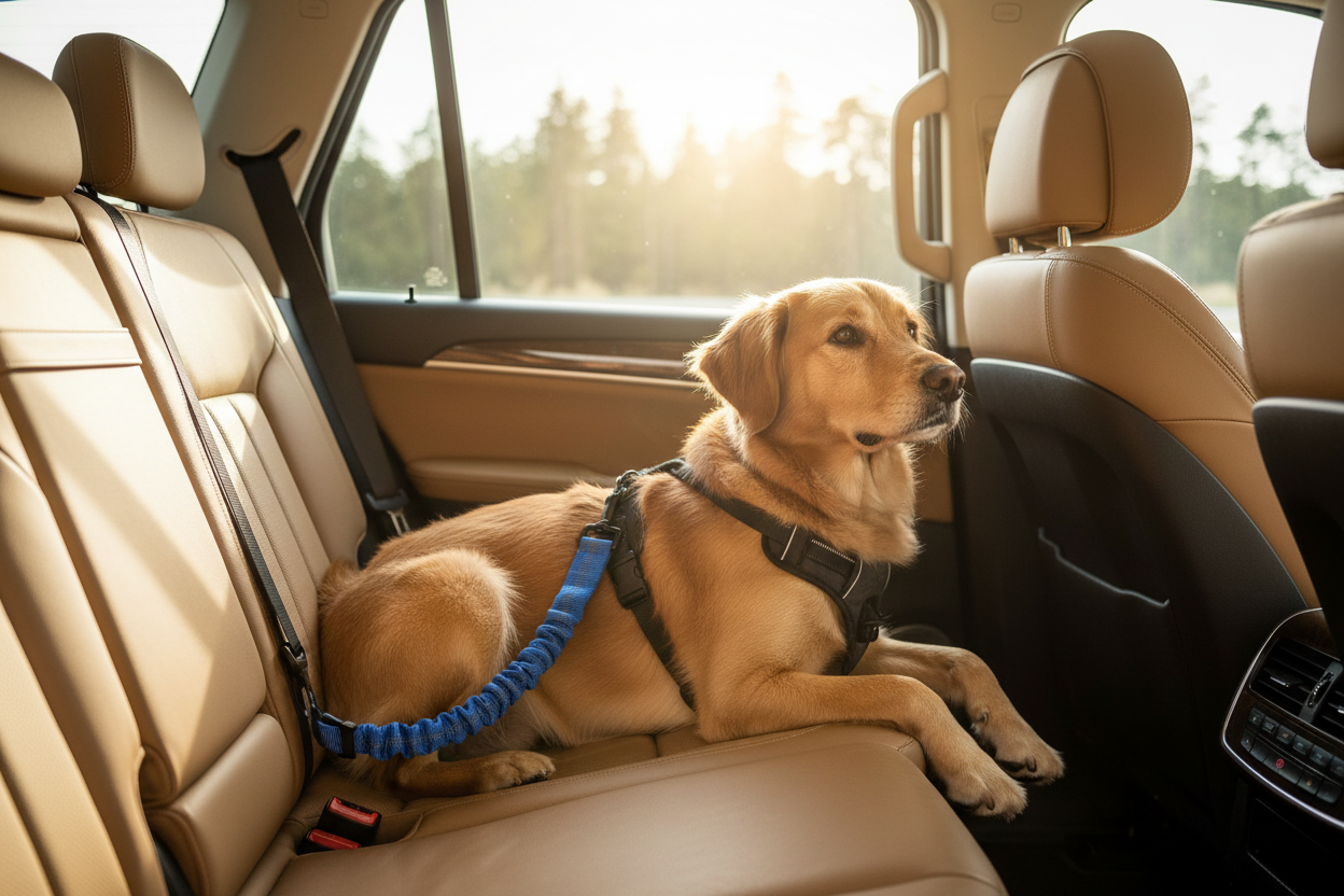 Shock-Absorbing Extendable Dog Lead with Seat Belt Clip